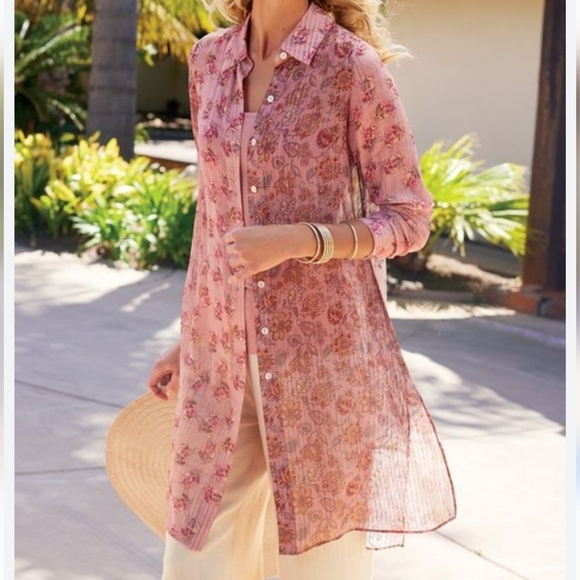 Soft Surroundings Tops - Soft Surroundings | Aura Shirt, Lightweight Sheer Pink Floral Button Down